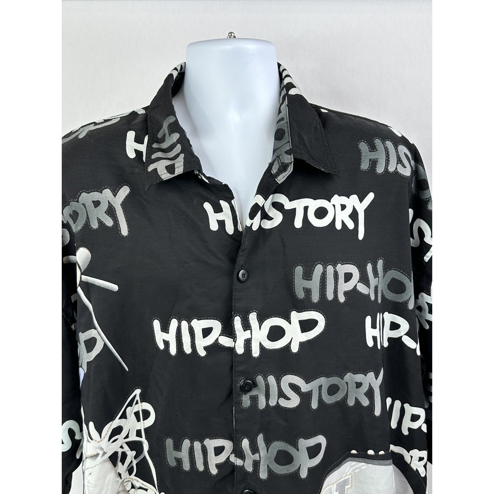 VINTAGE HIP HOP History Shirt Mens 2XL Black White Button Up Spell Out AOP